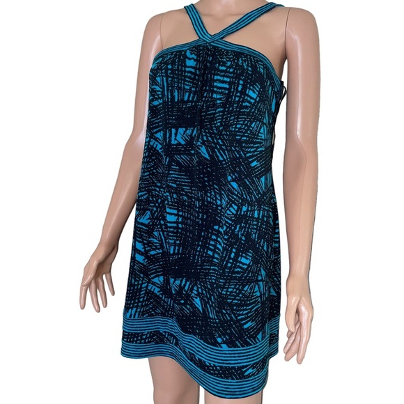 BCBG Maxazria Mini Dress abstract black & teal slinky stretch strappy SZ XS - Picture 3 of 8